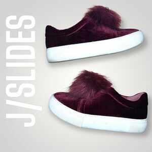 J/SLIDES, Cranberry Velvet Platform Sneakers Pom Pom Accent, Women’s 6.5